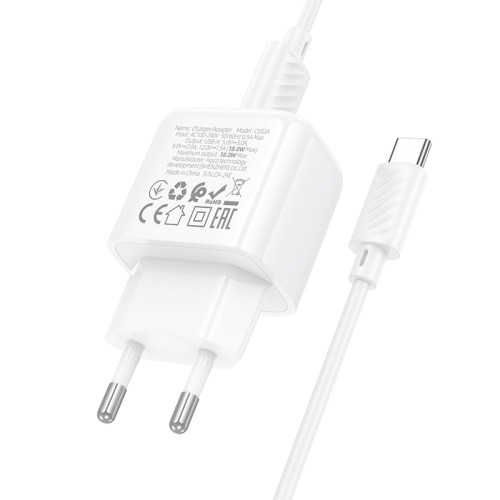 Мережевий зарядний пристрій з кабелем HOCO CS52A Surplus single-port QC3.0 charger set(Type-C) White