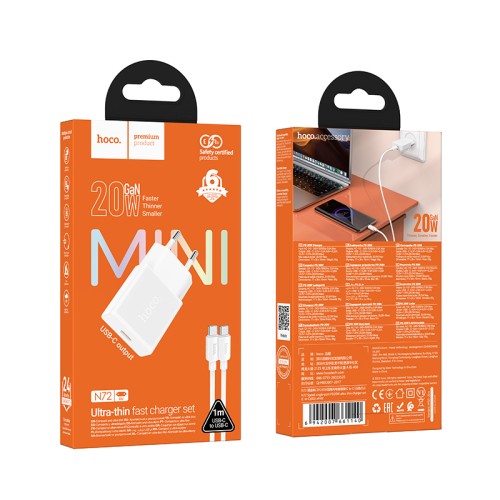 Мережевий зарядний пристрій з кабелем HOCO N72 Speed single-port PD20W ultra-thin charger set(C to C)(EU)