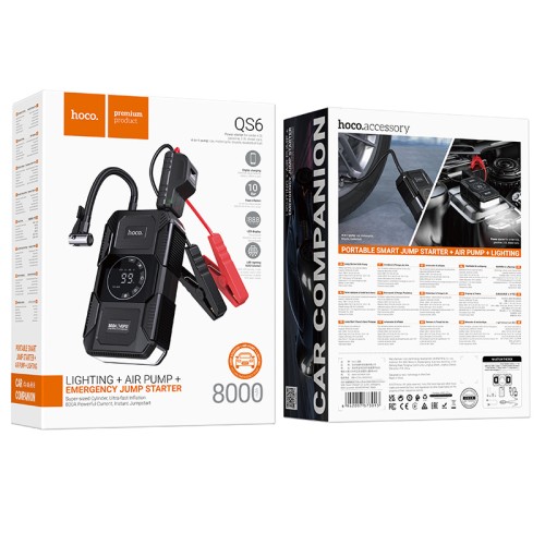 Автомобільний пуско-зарядний пристрій з насосом HOCO QS6 Clever Intelligent air pump+emergency start-up power bank(8000mAh) Black