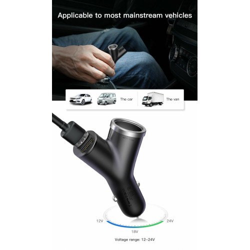 Автомобільний зарядний пристрій Baseus Y type dual USB+cigarette lighter extended car charger 3.1 A Black