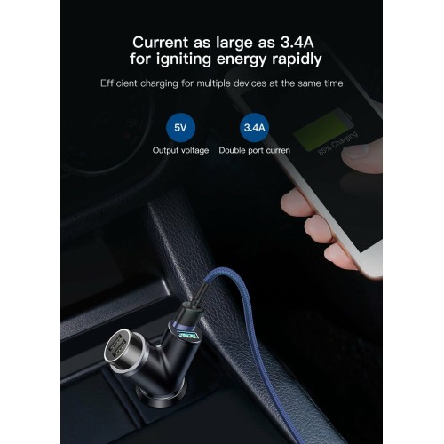 Автомобільний зарядний пристрій Baseus Y type dual USB+cigarette lighter extended car charger 3.1 A Black