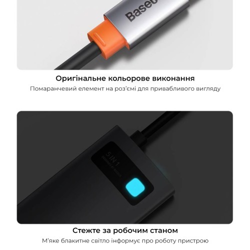 USB-хаб Baseus Metal Gleam Series 5-in-1 Multifunctional （Type-C to HDMI*1+USB3.0*3+PD*1)