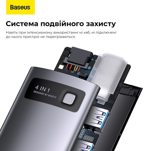 USB-хаб Baseus Metal Gleam Series 4-in-1 Multifunctional Type-C HUB Docking Station Gray（Type-C to USB3.0*4）