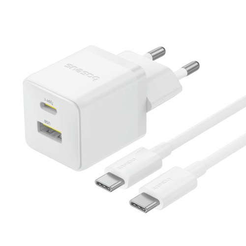Мережевий зарядний пристрій з кабелем Baseus Palm Fast Charger C+U 30W EU Moon White (with USB-C to USB-C 60W (20V/3A) 1m Moon White)