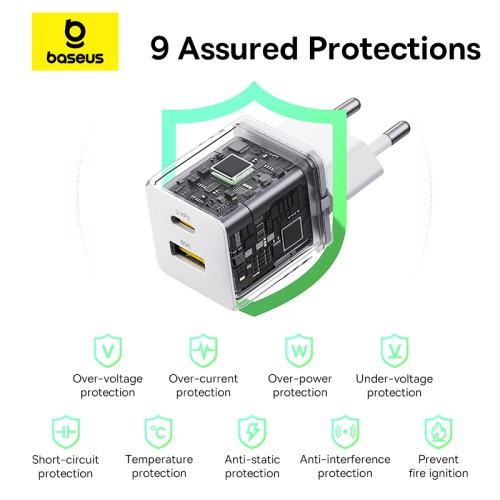 Мережевий зарядний пристрій з кабелем Baseus Palm Fast Charger C+U 30W EU Moon White (with USB-C to USB-C 60W (20V/3A) 1m Moon White)