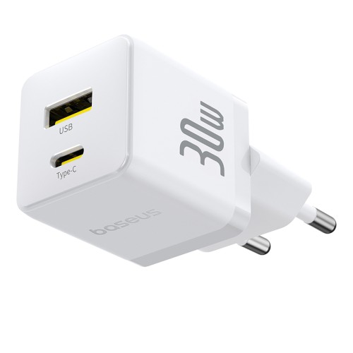 Мережевий зарядний пристрій з кабелем Baseus Palm Fast Charger C+U 30W EU Moon White (with USB-C to USB-C 60W (20V/3A) 1m Moon White)