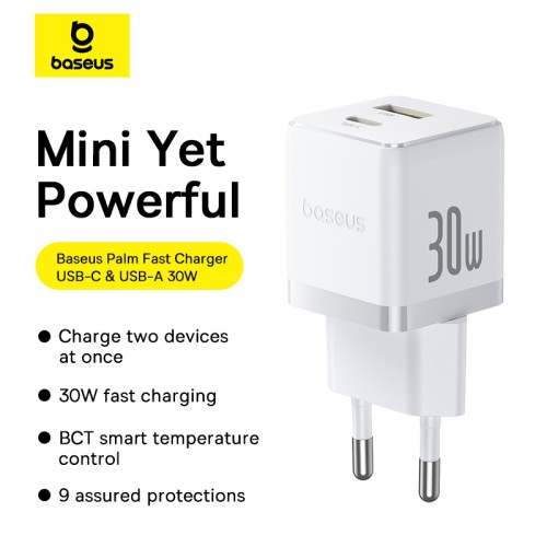 Мережевий зарядний пристрій з кабелем Baseus Palm Fast Charger C+U 30W EU Moon White (with USB-C to USB-C 60W (20V/3A) 1m Moon White)