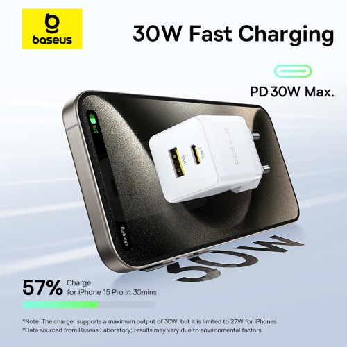 Мережевий зарядний пристрій з кабелем Baseus Palm Fast Charger C+U 30W EU Moon White (with USB-C to USB-C 60W (20V/3A) 1m Moon White)