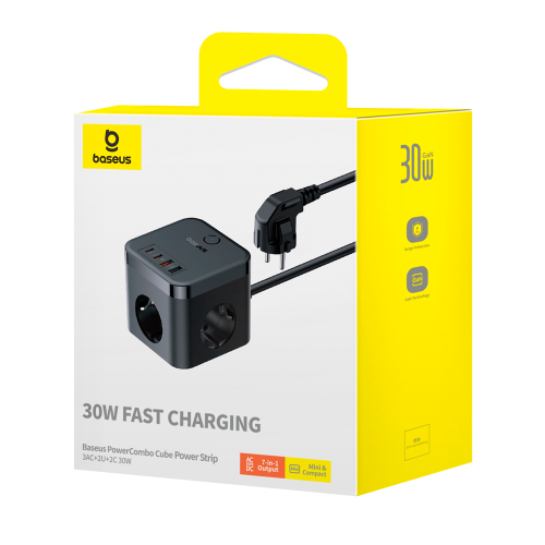 Мережевий зарядний пристрій Baseus PowerCombo Cube Power Strip 3AC+2U+2C 30W 1.5m EU Cluster Black