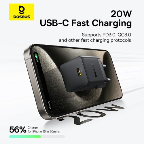 Мережевий зарядний пристрій з кабелем Baseus Palm Fast Charger 1C 20W EU Cluster Black (with Baseus  Cable USB-C to USB-C 60W ) 1m Cluster Blac
