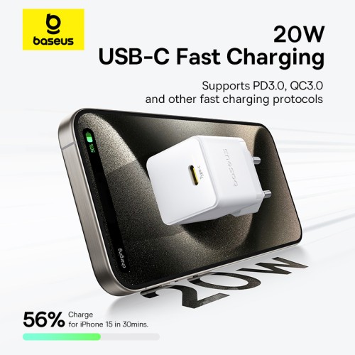 Мережевий зарядний пристрій з кабелем Baseus Palm Fast Charger 1C 20W EU Moon White (with Baseus Cable USB-C to USB-C 1m Moon White)