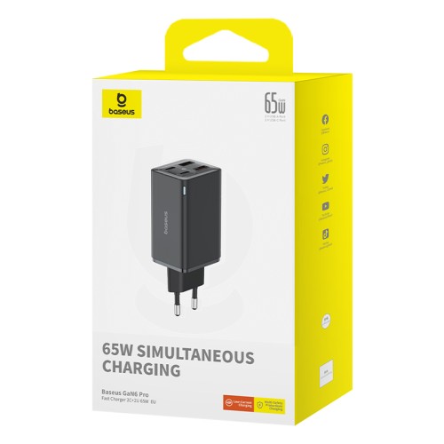 Мережевий зарядний пристрій з кабелем Baseus GaN6 Pro Fast Charger 2C+2U 65W  EU Cluster Black((With Type-C to Type-C 100W(20V/5A) 1m Black）