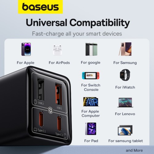Мережевий зарядний пристрій з кабелем Baseus GaN6 Pro Fast Charger 2C+2U 65W  EU Cluster Black((With Type-C to Type-C 100W(20V/5A) 1m Black）