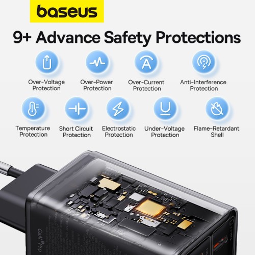 Мережевий зарядний пристрій з кабелем Baseus GaN6 Pro Fast Charger 2C+2U 65W  EU Cluster Black((With Type-C to Type-C 100W(20V/5A) 1m Black）