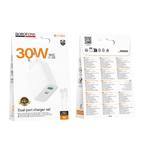 Мережевий зарядний пристрій BOROFONE BA108A Stellar PD30W+QC3.0 charger set (C to C) (EU) White