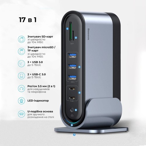 USB-хаб Baseus UnionJoy 17-Port Triple-Display  Docking Station Space Grey（USB-C to HDMI4K@60Hz*2+DP4K@60Hz*1+USB3.0*3+USB-C3.0*2+USB2.0*2+PD*1+PC*1+
