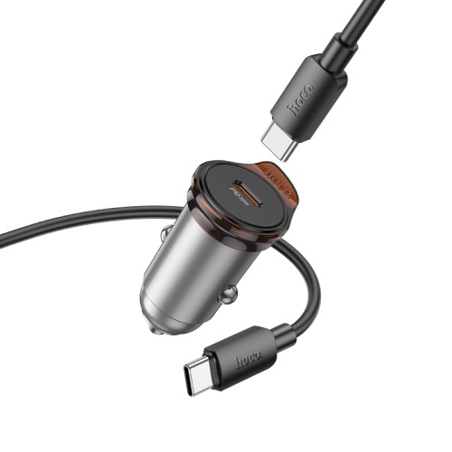 Автомобільний зарядний пристрій HOCO NZ16 Rigorous single port PD30W car charger set(C to C) Metal Grey