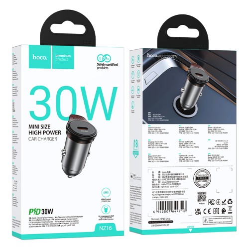 Автомобільний зарядний пристрій HOCO NZ16 Rigorous single port PD30W car charger Metal Grey
