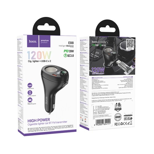 АЗП з FM-модулятором HOCO E88 Star 35W(2C) cigarette lighter car BT FM transmitter Black